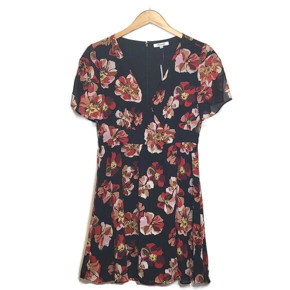 Madewell Black Red Floral Mini Dress V Neck Short Sleeve Fit and Flare Chic 4 - Picture 2 of 16